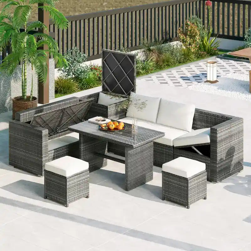 Set di mobili da esterno a 6 pezzi, set da conversazione per patio per tutte le stagioni, set divano in rattan con contenitore e tavolo in vetro temperato