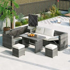Set di mobili da esterno a 6 pezzi, set da conversazione per patio per tutte le stagioni, set divano in rattan con contenitore e tavolo in vetro temperato