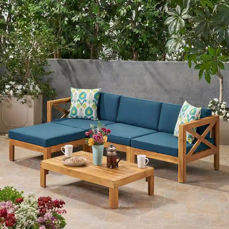 Set Divano Angolare da Esterno a 3 Pezzi, Set di Mobili da Conversazione in Legno di Acacia per Tutte le Stagioni con Pouf e Tavolino da Caffè