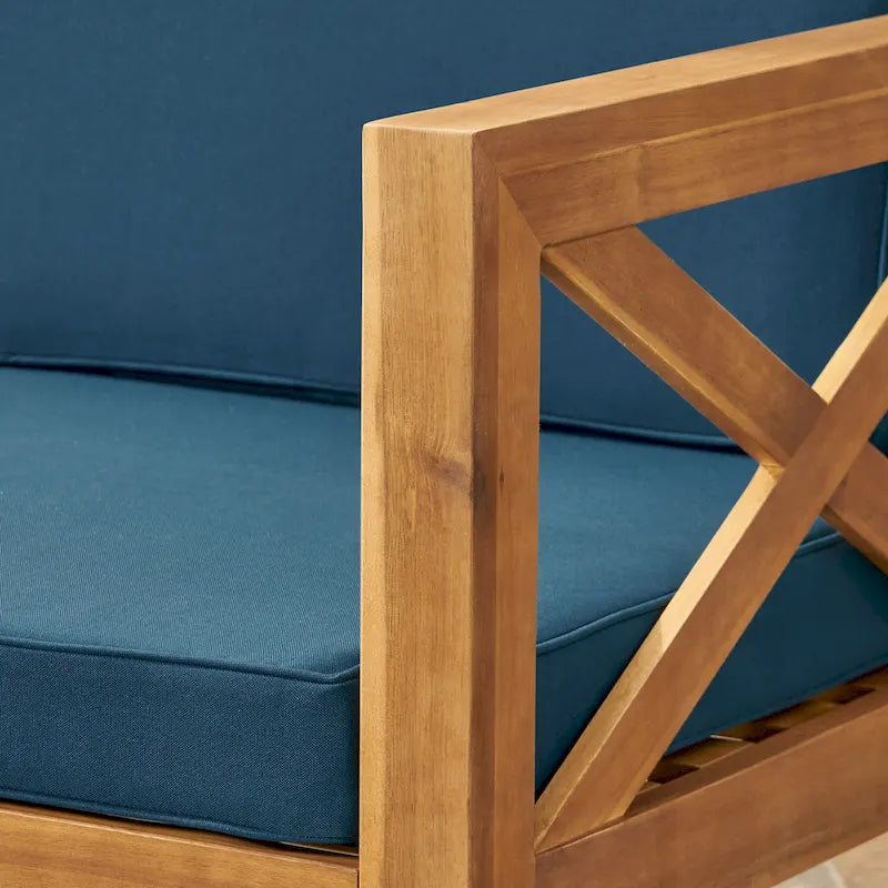 Set Divano Angolare da Esterno a 3 Pezzi, Set di Mobili da Conversazione in Legno di Acacia per Tutte le Stagioni con Pouf e Tavolino da Caffè