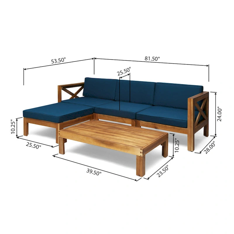 Set Divano Angolare da Esterno a 3 Pezzi, Set di Mobili da Conversazione in Legno di Acacia per Tutte le Stagioni con Pouf e Tavolino da Caffè