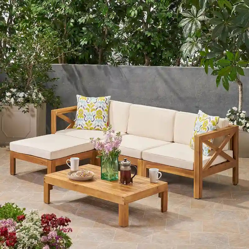 Set Divano Angolare da Esterno a 3 Pezzi, Set di Mobili da Conversazione in Legno di Acacia per Tutte le Stagioni con Pouf e Tavolino da Caffè