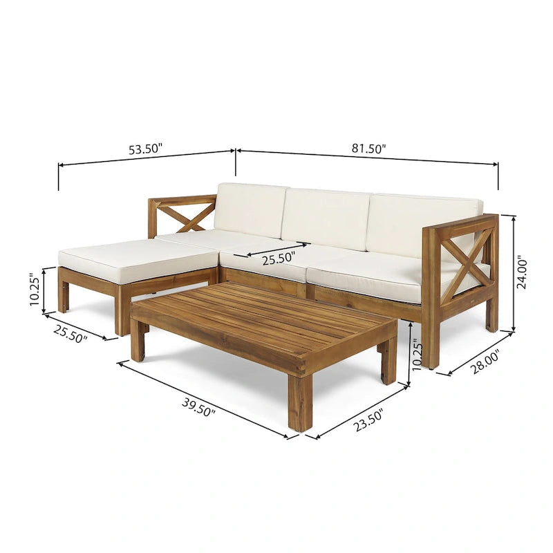 Set Divano Angolare da Esterno a 3 Pezzi, Set di Mobili da Conversazione in Legno di Acacia per Tutte le Stagioni con Pouf e Tavolino da Caffè