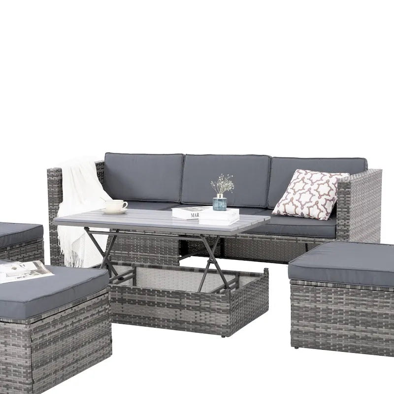 Ensemble de canapé d'extérieur en rotin PE 5 pièces, mobilier de conversation pour patio avec table basse relevable et canapé-lit.