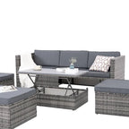 Ensemble de canapé d'extérieur en rotin PE 5 pièces, mobilier de conversation pour patio avec table basse relevable et canapé-lit.