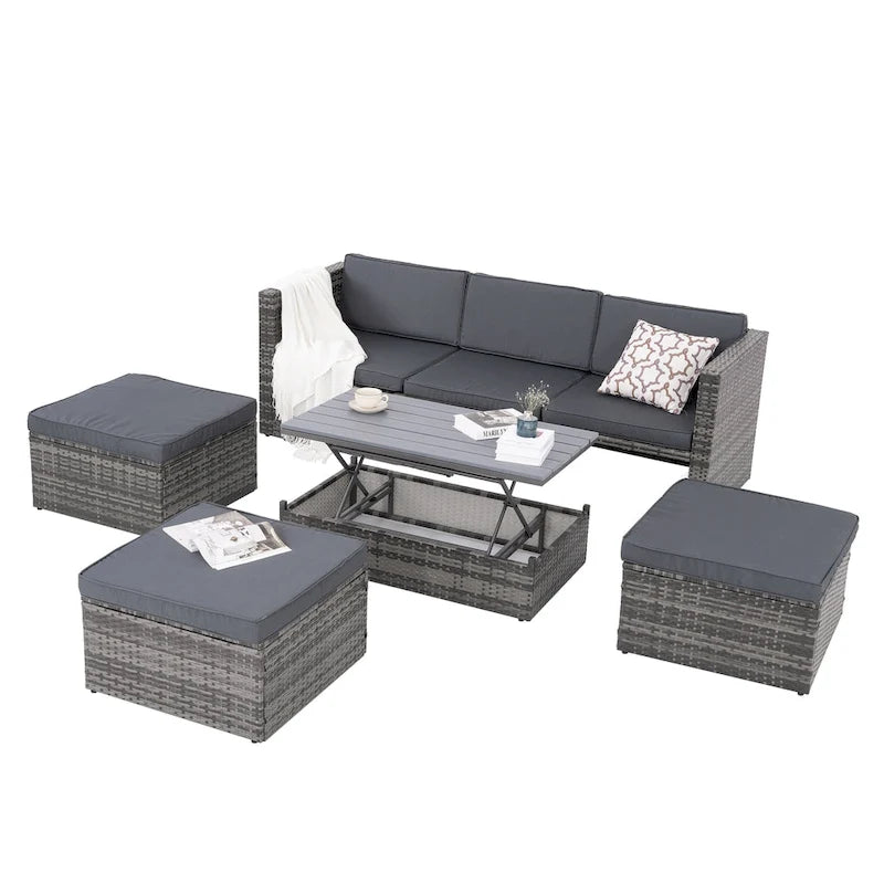 Ensemble de canapé d'extérieur en rotin PE 5 pièces, mobilier de conversation pour patio avec table basse relevable et canapé-lit.