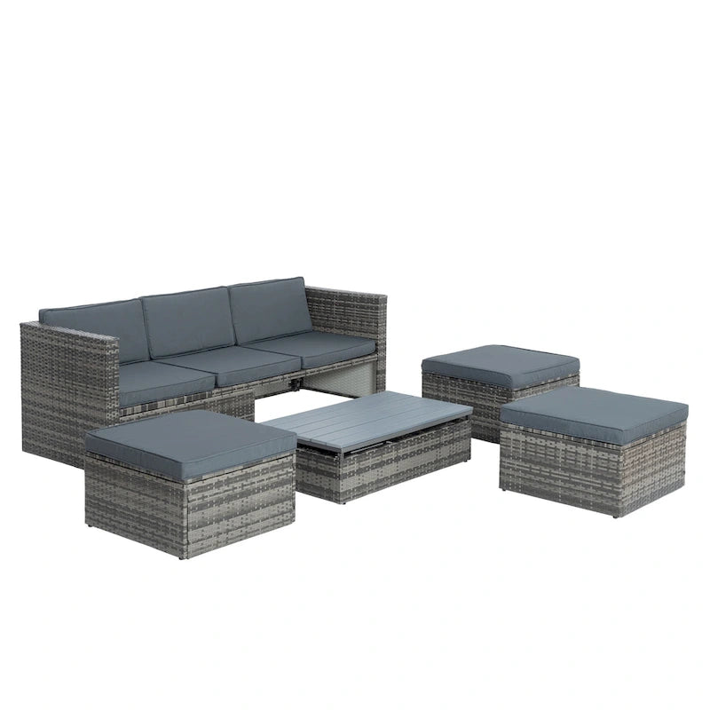 Ensemble de canapé d'extérieur en rotin PE 5 pièces, mobilier de conversation pour patio avec table basse relevable et canapé-lit.