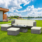 Ensemble de canapé d'extérieur en rotin PE 5 pièces, mobilier de conversation pour patio avec table basse relevable et canapé-lit.