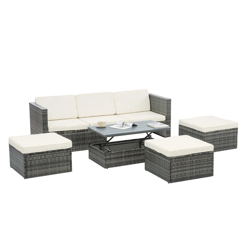 Ensemble de canapé d'extérieur en rotin PE 5 pièces, mobilier de conversation pour patio avec table basse relevable et canapé-lit.