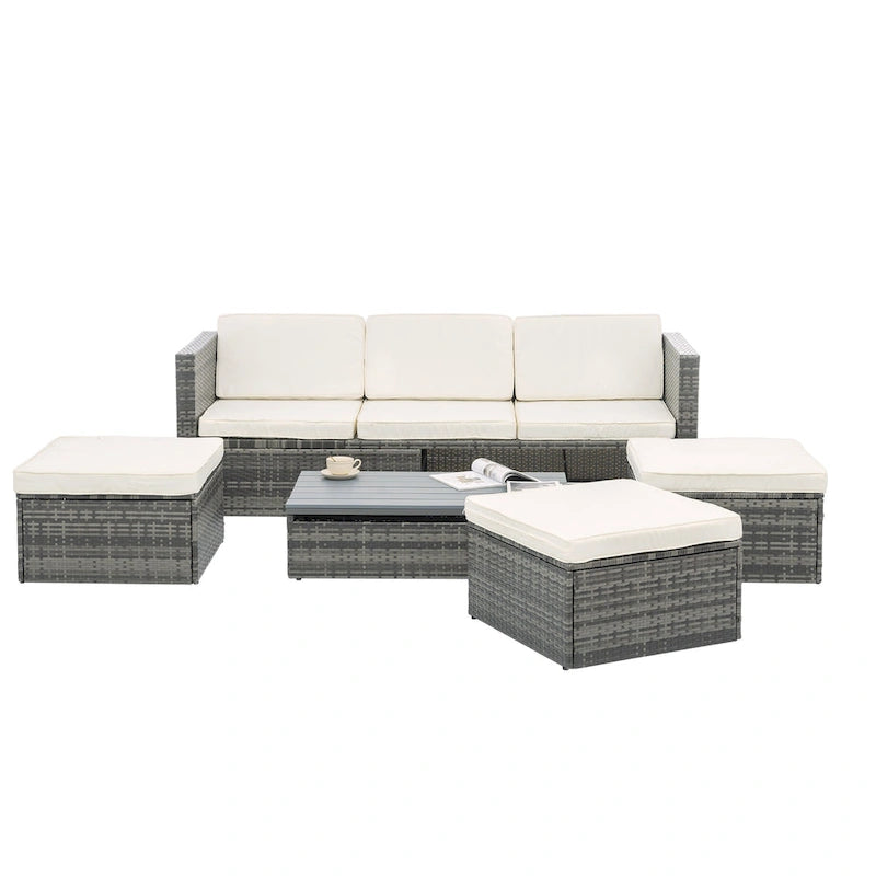 Ensemble de canapé d'extérieur en rotin PE 5 pièces, mobilier de conversation pour patio avec table basse relevable et canapé-lit.