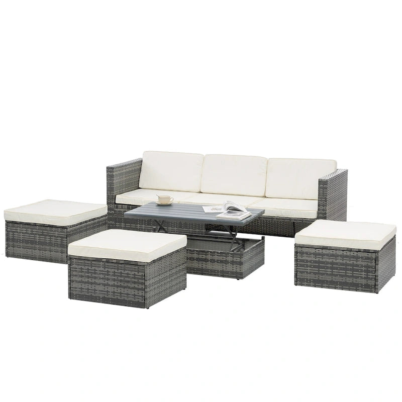 Ensemble de canapé d'extérieur en rotin PE 5 pièces, mobilier de conversation pour patio avec table basse relevable et canapé-lit.