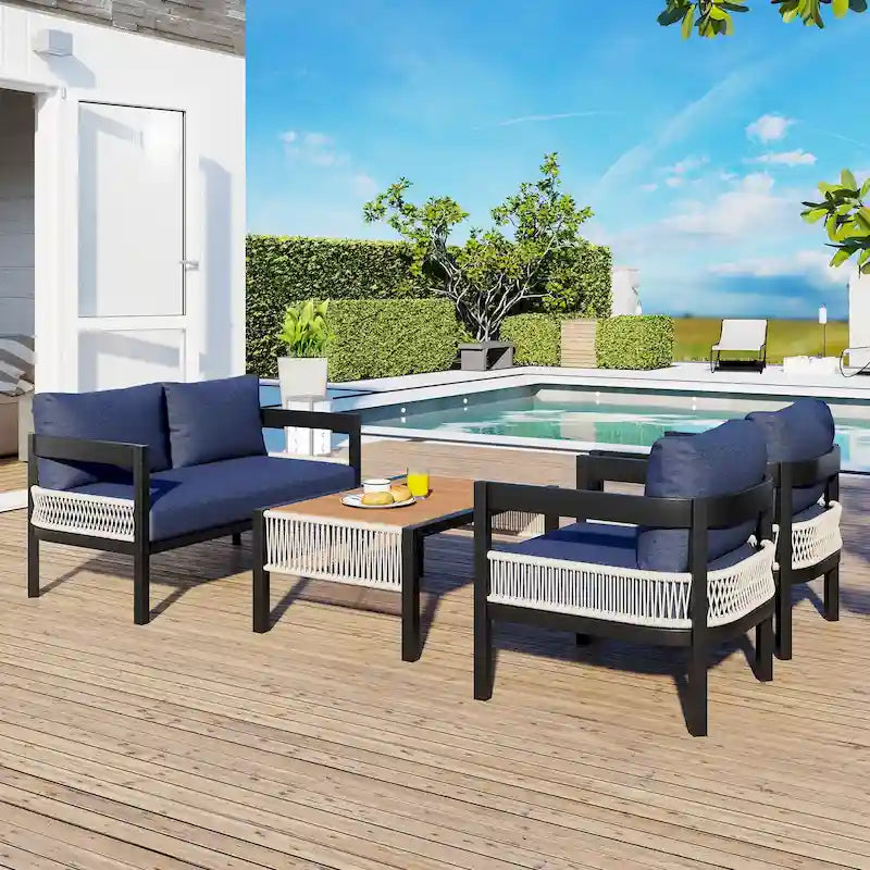 Set di mobili da esterno 4 pezzi, Set da conversazione per patio resistente alle intemperie con cuscini resistenti, Poltrona e tavolino da caffè