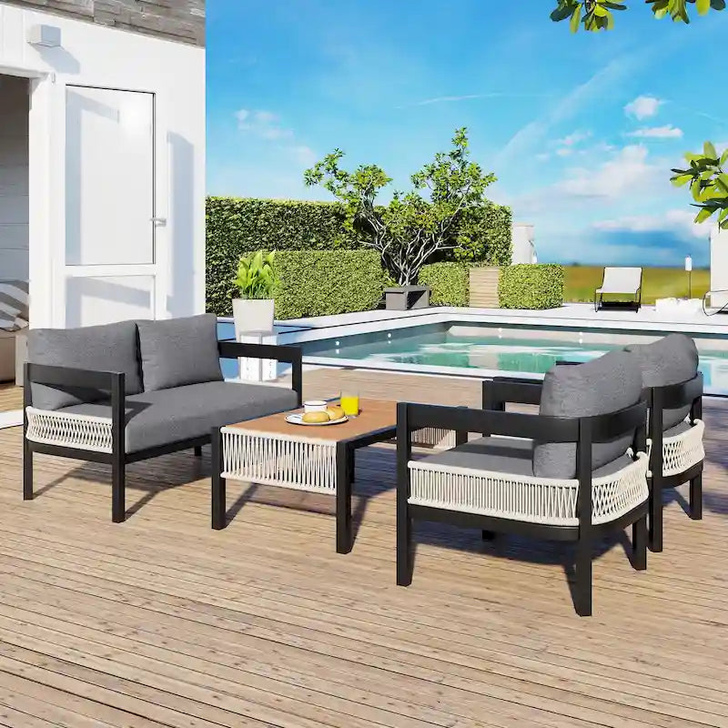 Set di mobili da esterno 4 pezzi, Set da conversazione per patio resistente alle intemperie con cuscini resistenti, Poltrona e tavolino da caffè