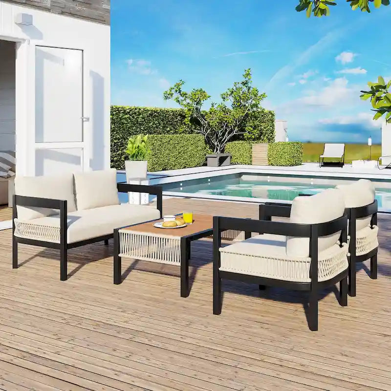 Set di mobili da esterno 4 pezzi, Set da conversazione per patio resistente alle intemperie con cuscini resistenti, Poltrona e tavolino da caffè
