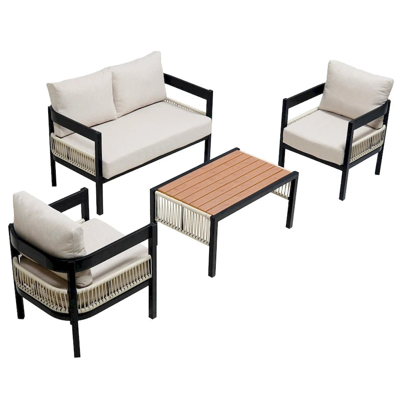 Set di mobili da esterno 4 pezzi, Set da conversazione per patio resistente alle intemperie con cuscini resistenti, Poltrona e tavolino da caffè