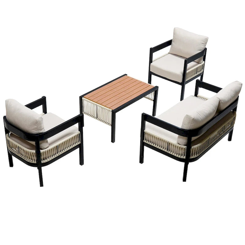 Set di mobili da esterno 4 pezzi, Set da conversazione per patio resistente alle intemperie con cuscini resistenti, Poltrona e tavolino da caffè