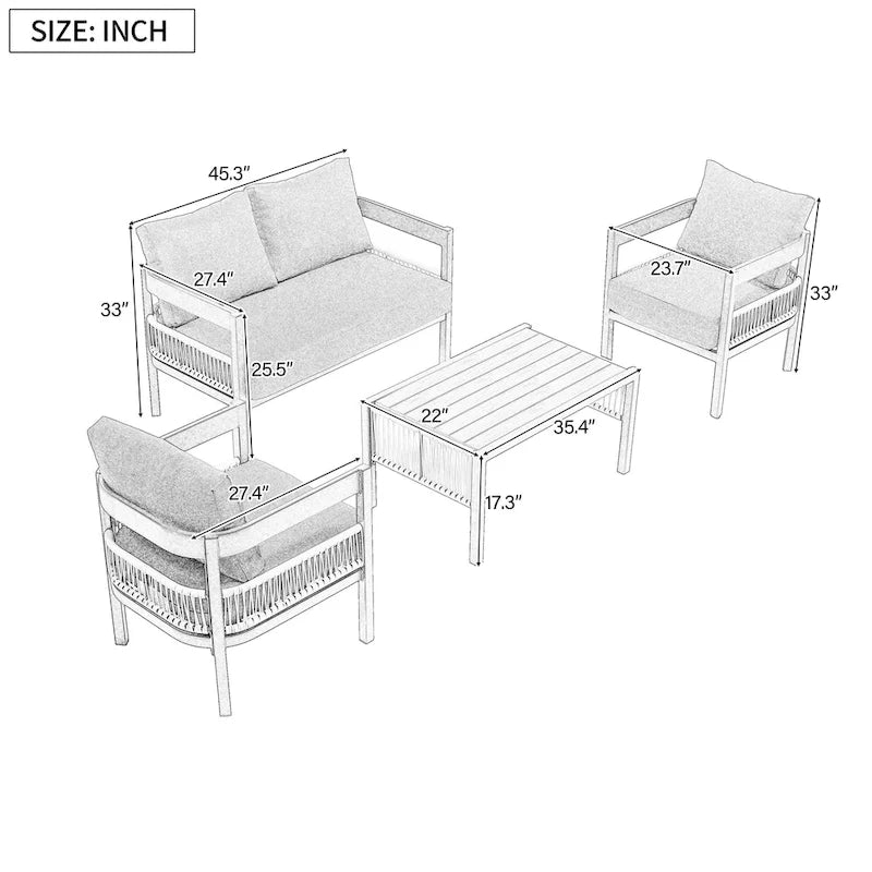 Set di mobili da esterno 4 pezzi, Set da conversazione per patio resistente alle intemperie con cuscini resistenti, Poltrona e tavolino da caffè
