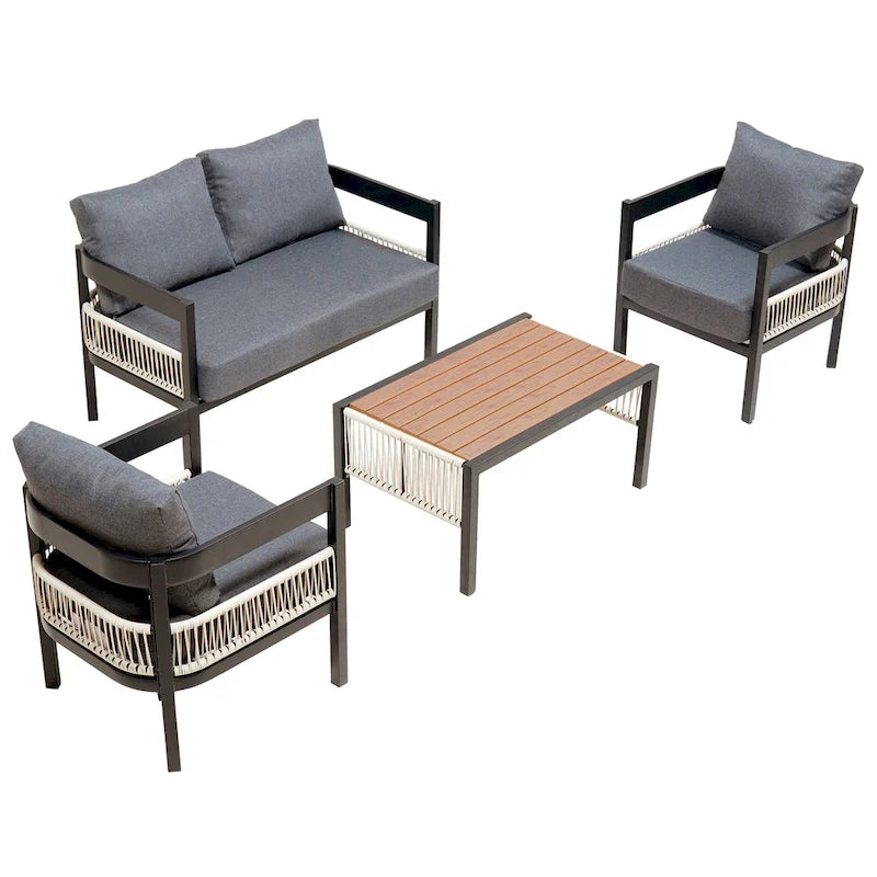 Set di mobili da esterno 4 pezzi, Set da conversazione per patio resistente alle intemperie con cuscini resistenti, Poltrona e tavolino da caffè