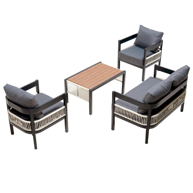 Set di mobili da esterno 4 pezzi, Set da conversazione per patio resistente alle intemperie con cuscini resistenti, Poltrona e tavolino da caffè