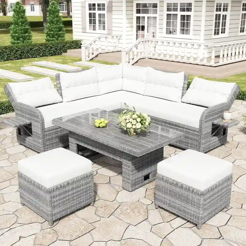 Ensemble de salon de jardin 6 pièces en rotin, avec table réglable, tables d'appoint extensibles et deux poufs
