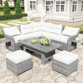 Ensemble de salon de jardin 6 pièces en rotin, avec table réglable, tables d'appoint extensibles et deux poufs