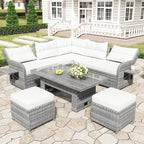 Ensemble de salon de jardin 6 pièces en rotin, avec table réglable, tables d'appoint extensibles et deux poufs
