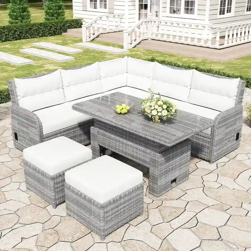 Ensemble de salon de jardin 6 pièces en rotin, avec table réglable, tables d'appoint extensibles et deux poufs