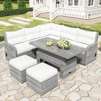 Ensemble de salon de jardin 6 pièces en rotin, avec table réglable, tables d'appoint extensibles et deux poufs