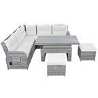 Ensemble de salon de jardin 6 pièces en rotin, avec table réglable, tables d'appoint extensibles et deux poufs