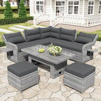 Ensemble de salon de jardin 6 pièces en rotin, avec table réglable, tables d'appoint extensibles et deux poufs