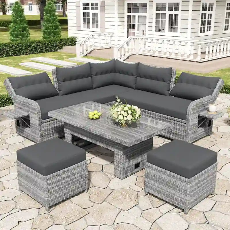 Ensemble de salon de jardin 6 pièces en rotin, avec table réglable, tables d'appoint extensibles et deux poufs