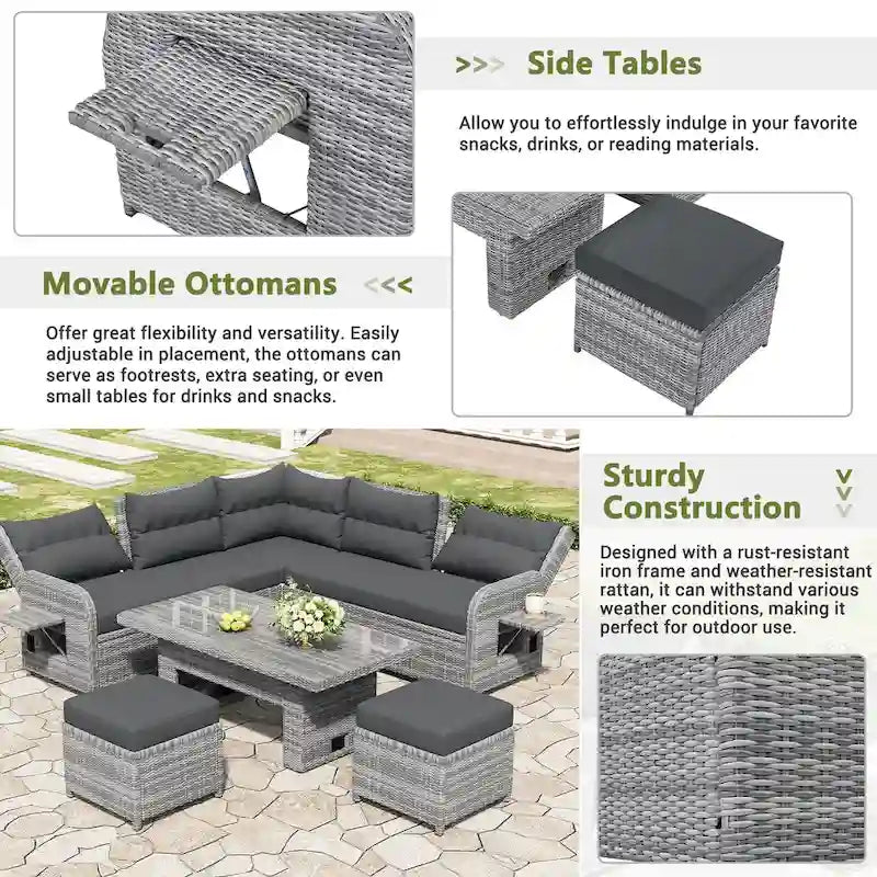 Ensemble de salon de jardin 6 pièces en rotin, avec table réglable, tables d'appoint extensibles et deux poufs