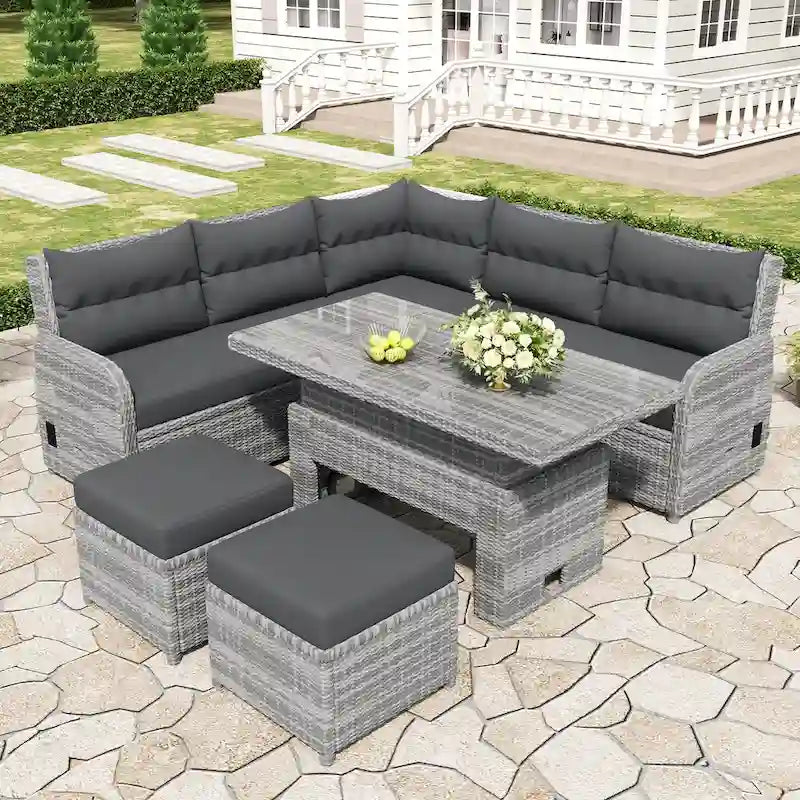 Ensemble de salon de jardin 6 pièces en rotin, avec table réglable, tables d'appoint extensibles et deux poufs