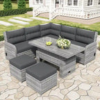 Ensemble de salon de jardin 6 pièces en rotin, avec table réglable, tables d'appoint extensibles et deux poufs