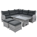 Ensemble de salon de jardin 6 pièces en rotin, avec table réglable, tables d'appoint extensibles et deux poufs