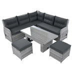 Ensemble de salon de jardin 6 pièces en rotin, avec table réglable, tables d'appoint extensibles et deux poufs