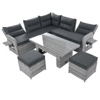 Ensemble de salon de jardin 6 pièces en rotin, avec table réglable, tables d'appoint extensibles et deux poufs