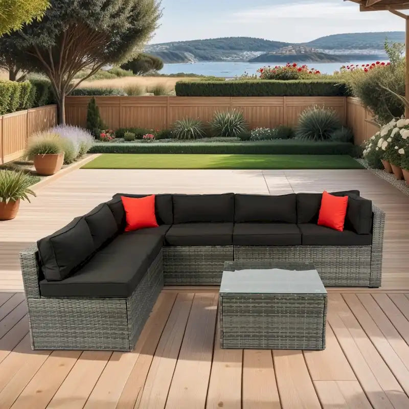 Set Divano Sezionale da Esterno a 5 Pezzi, Salotto da Giardino in Rattan PE per Tutte le Stagioni con Tavolino da Caffè e 2 Cuscini
