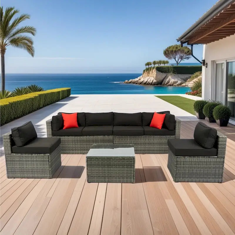 Set Divano Sezionale da Esterno a 5 Pezzi, Salotto da Giardino in Rattan PE per Tutte le Stagioni con Tavolino da Caffè e 2 Cuscini