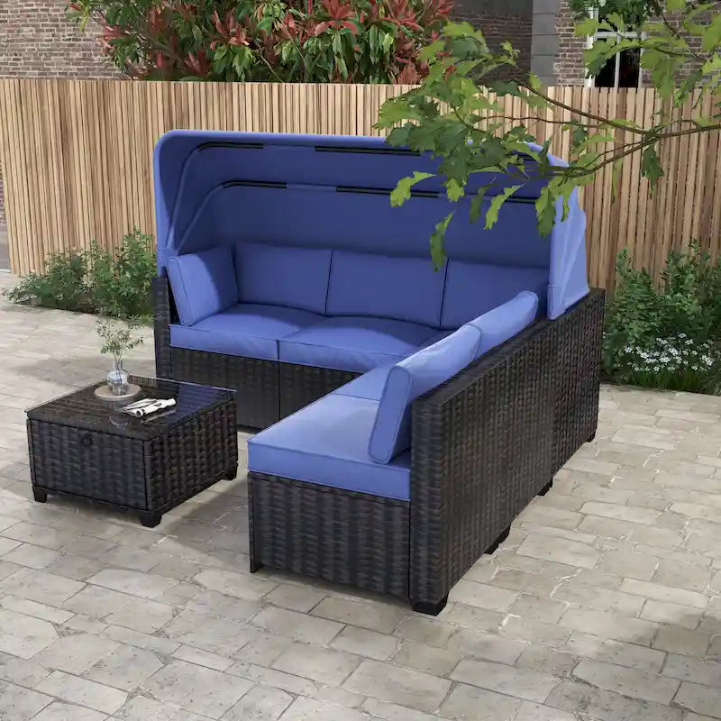 Set Mobili da Giardino a 6 Pezzi, Set Divano Sezionale da Esterno con Tettuccio e Schienale, Set Salotto da Esterno con Tavolino da Caffè