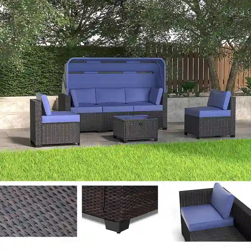 Set Mobili da Giardino a 6 Pezzi, Set Divano Sezionale da Esterno con Tettuccio e Schienale, Set Salotto da Esterno con Tavolino da Caffè