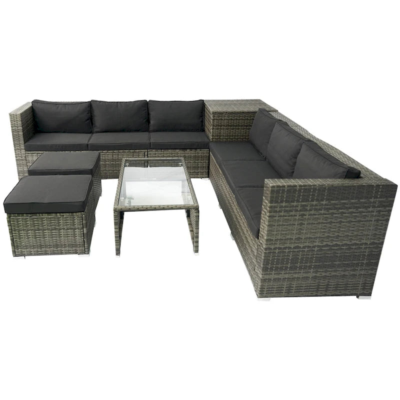 Set Divano Sezionale a L da Esterno a 8 Pezzi, Set di Mobili da Esterno in Rattan con Un Box Contenitore Sotto la Seduta e Tavolino da Caffè