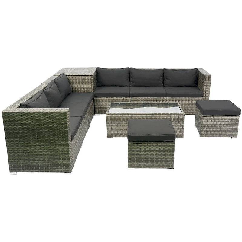 Set Divano Sezionale a L da Esterno a 8 Pezzi, Set di Mobili da Esterno in Rattan con Un Box Contenitore Sotto la Seduta e Tavolino da Caffè