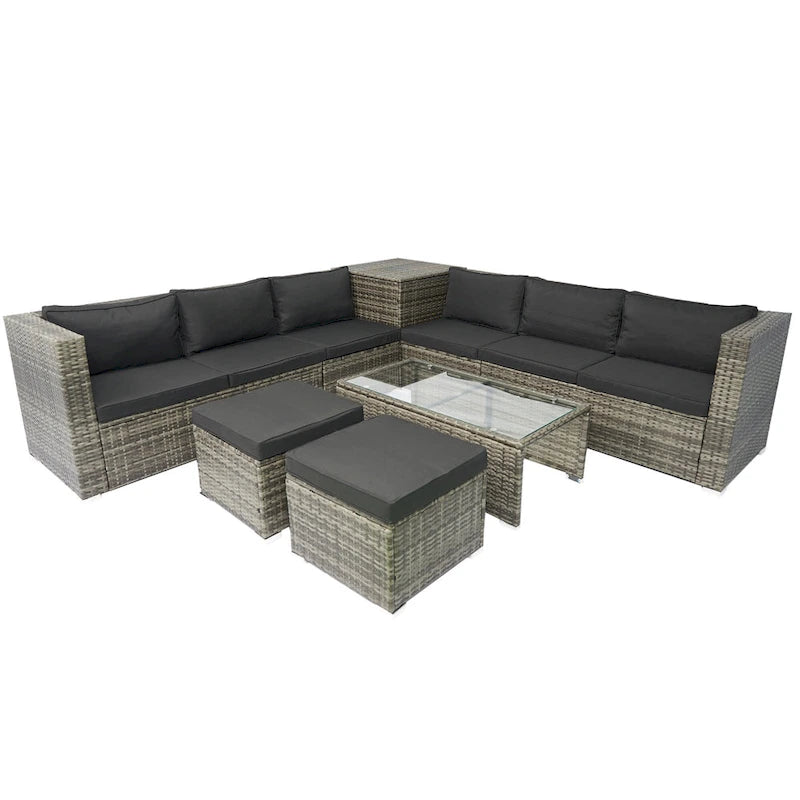 Set Divano Sezionale a L da Esterno a 8 Pezzi, Set di Mobili da Esterno in Rattan con Un Box Contenitore Sotto la Seduta e Tavolino da Caffè