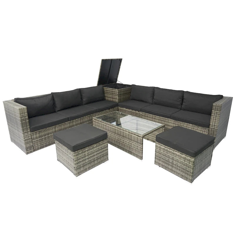 Set Divano Sezionale a L da Esterno a 8 Pezzi, Set di Mobili da Esterno in Rattan con Un Box Contenitore Sotto la Seduta e Tavolino da Caffè