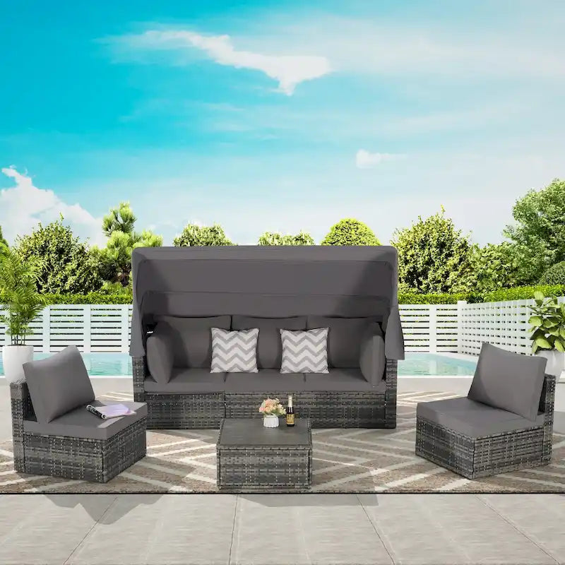 Set di mobili da giardino in vimini da 5 pezzi, lettino da giorno in rattan da esterno con tettoia retrattile, divano componibile con schienale regolabile