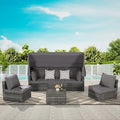 Set di mobili da giardino in vimini da 5 pezzi, lettino da giorno in rattan da esterno con tettoia retrattile, divano componibile con schienale regolabile