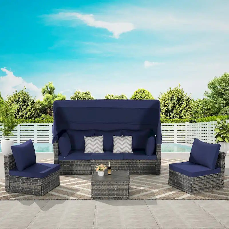 Set di mobili da giardino in vimini da 5 pezzi, lettino da giorno in rattan da esterno con tettoia retrattile, divano componibile con schienale regolabile