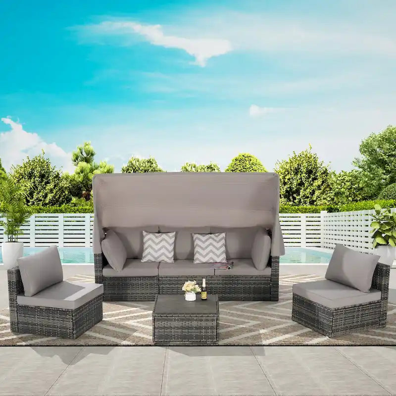 5 Piece Patio Wicker Furniture Sets, Outdoor Rattan Daybed with Retractable Canopy, Sectional Sofa Set with Adjustable Back