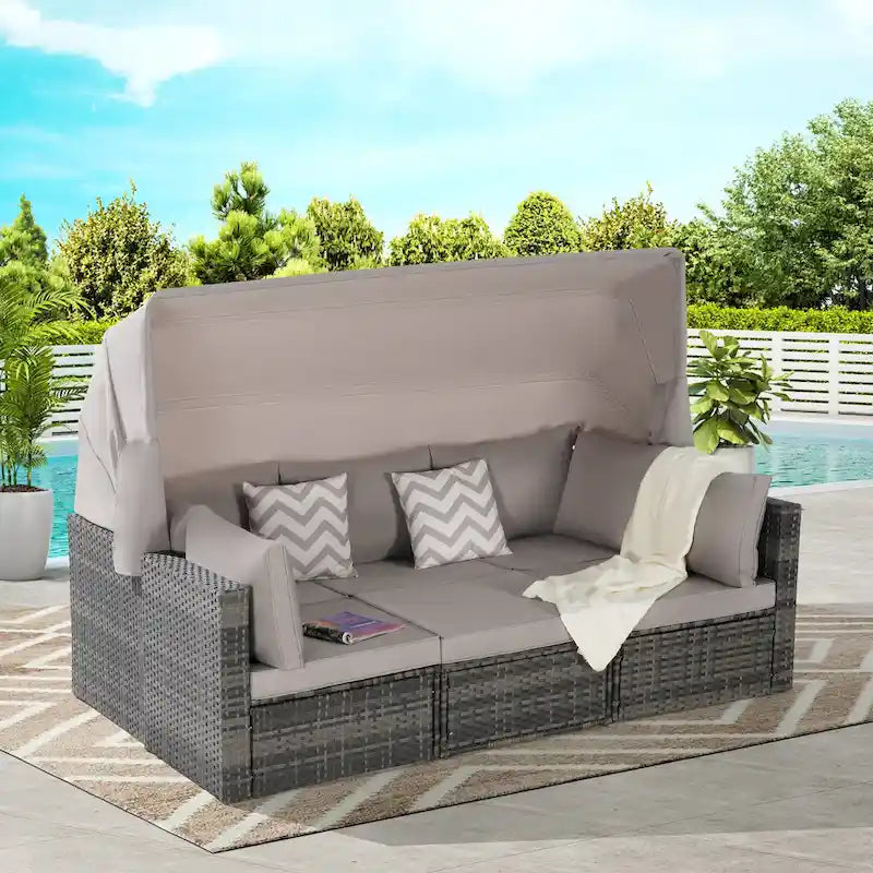 Set di mobili da giardino in vimini da 5 pezzi, lettino da giorno in rattan da esterno con tettoia retrattile, divano componibile con schienale regolabile